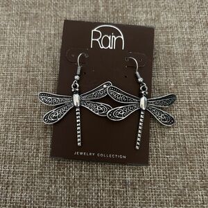 Rain Dragonfly Silvertone Statement Earrings